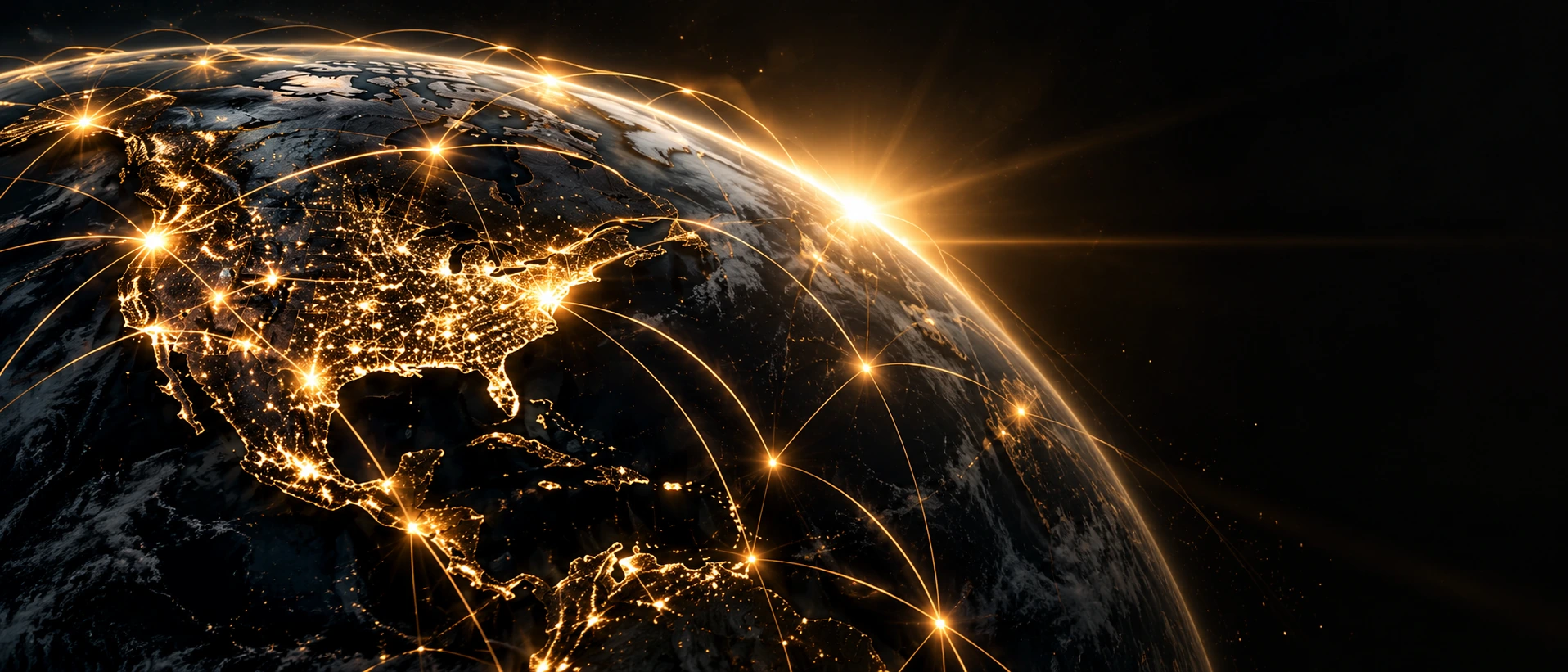 Golden connections stretching across an illuminated Earth